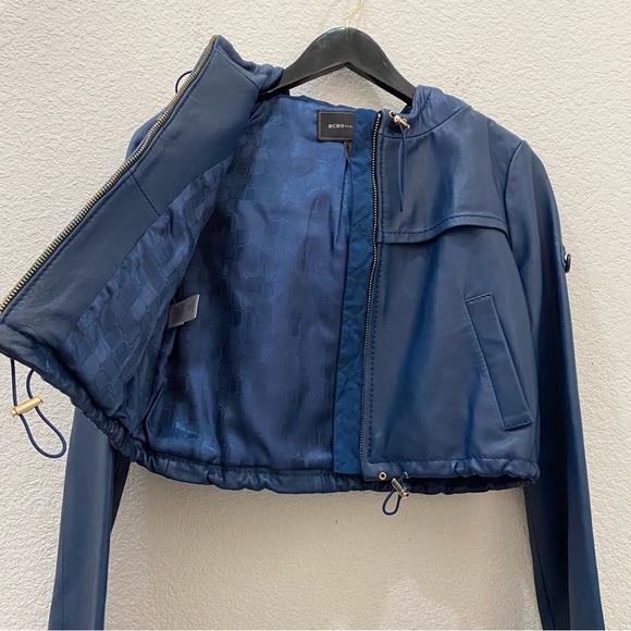 BCBGMaxAzria Blue Cropped Hooded 100% Leather Jacket Size XS - Picture 11 of 16